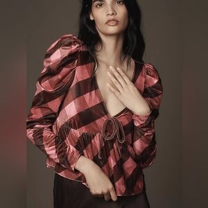 Anthropologie Maeve Plaid Velvet Puff Sleeve Babydoll Top  Pink Extra Large